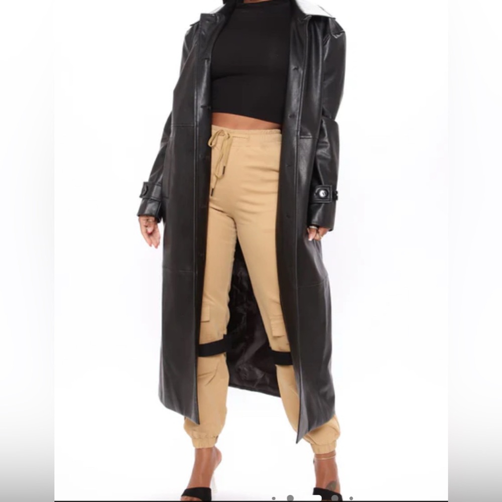 FASHION NOVA Long Black Faux Leather Trench Coat.